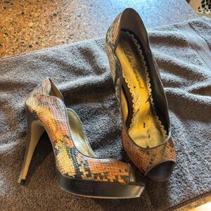 Lulu Townsend Platform Heels, 7 1/2 M, Tan/Black/Burnt Orange Faux Snakeskin